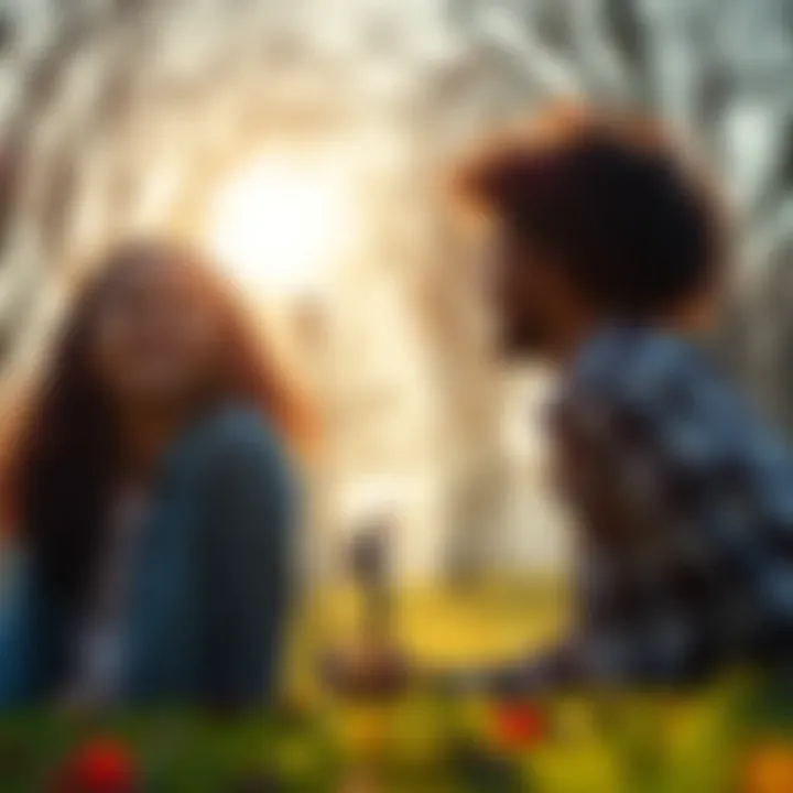 A peaceful scene of friends sharing a moment of appreciation in a sunlit park.