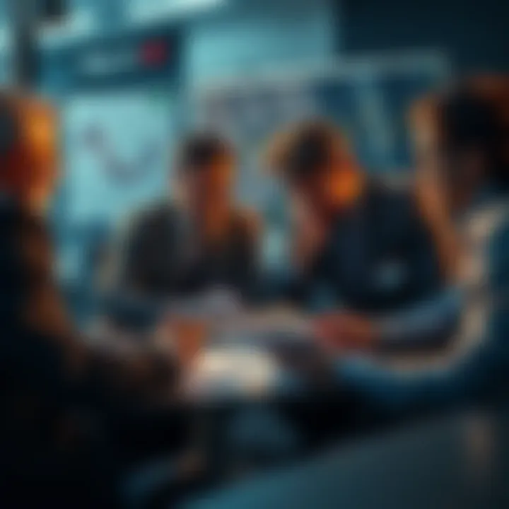 A distressed business team discussing financial reports with charts showing declining revenues and looming obligations.