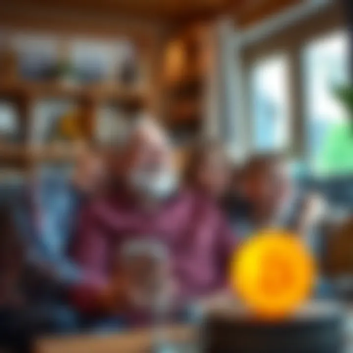 A family photo featuring a great-grandfather smiling with his grandchildren, capturing a warm moment in a cozy living room while discussing Bitcoin.