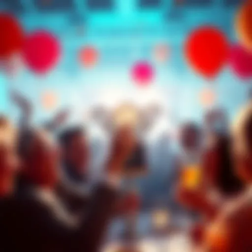 A festive scene with people laughing and cheering at a party for the Greater Fool of the Year Award, featuring balloons and a trophy