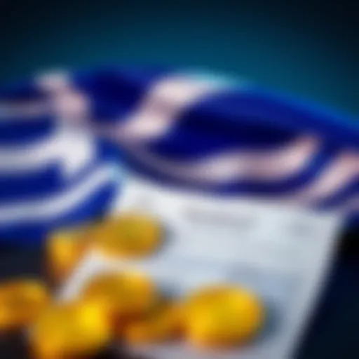 Greece flag with cryptocurrency symbols and a tax form, representing the new 15% tax on crypto capital gains.