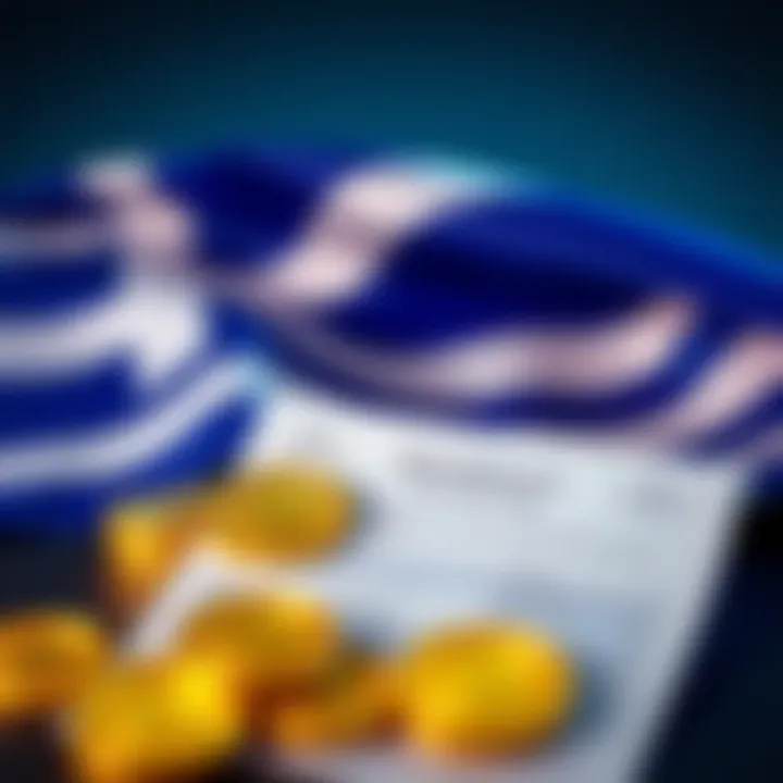 Greece flag with cryptocurrency symbols and a tax form, representing the new 15% tax on crypto capital gains.
