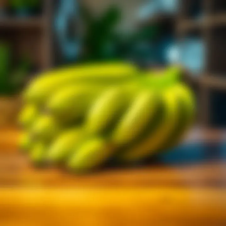 A bunch of green bananas placed on a wooden table, symbolizing their potential as a financial investment.