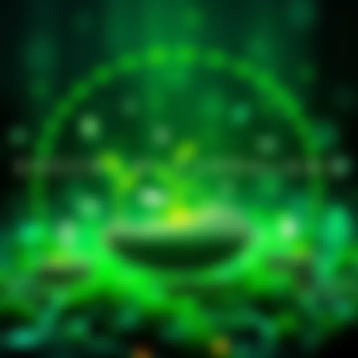 Green Blockchain Transformation A digital representation of a sustainable cryptocurrency ecosystem with green elements and blockchain symbols intertwined, emphasizing innovation and environmental responsibility.