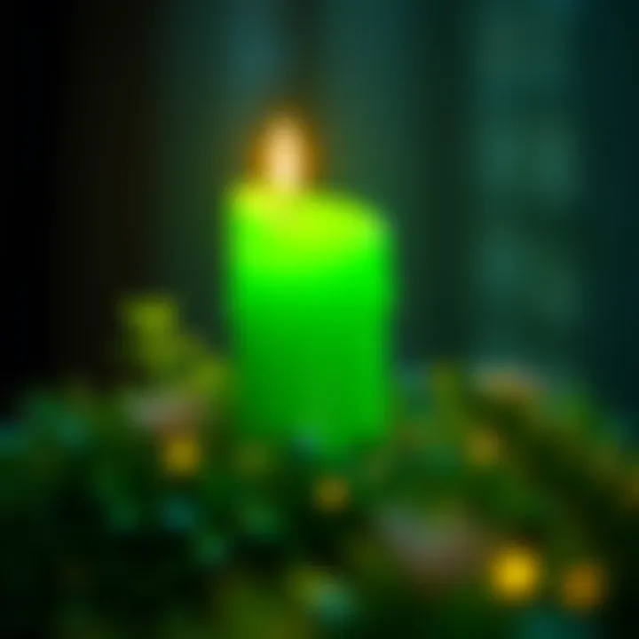 Green Candle Burning A glowing green candle surrounded by fresh greenery and light sparkles, representing luck and positivity.