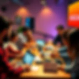 A diverse group of people collaborating on a project during the Gridlock Hackathon, with laptops and notes on a table.