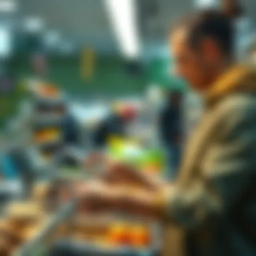 A shopper using a smartphone to pay for groceries with cryptocurrency at a store checkout