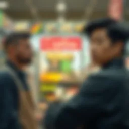 A person looks concerned while talking to a grocery store employee about a potential crypto scam. There are products in the background.