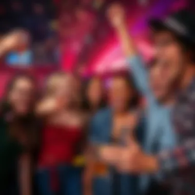 Group celebrating return A group of friends partying with drinks and confetti, showing excitement and sarcasm about their comeback.