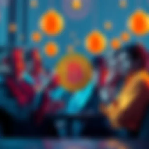 A diverse group of people engaged in a discussion about Bitcoin's origins, showcasing multiple perspectives.