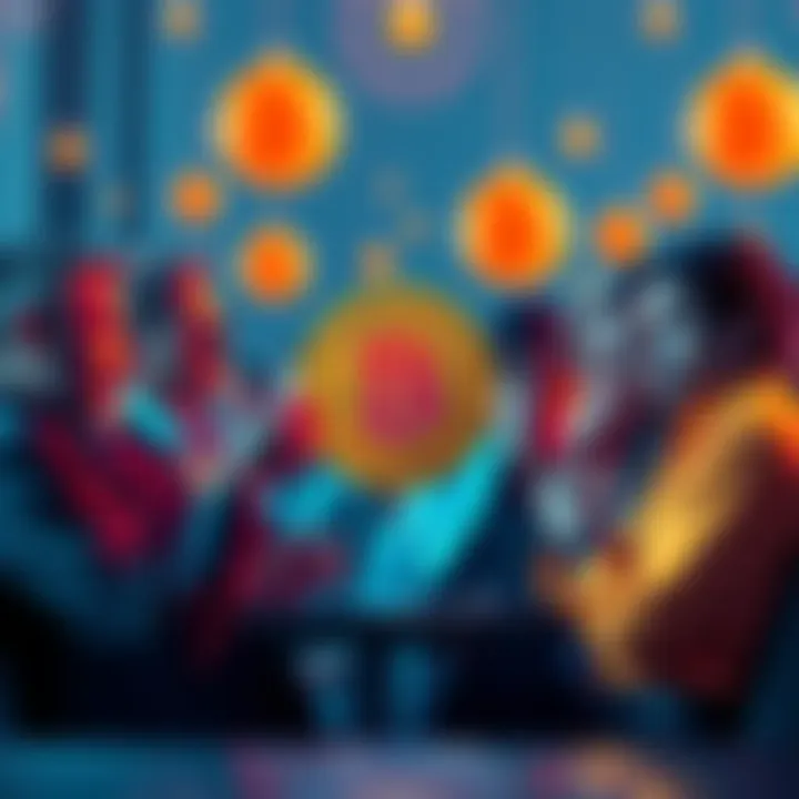 A diverse group of people engaged in a discussion about Bitcoin's origins, showcasing multiple perspectives.