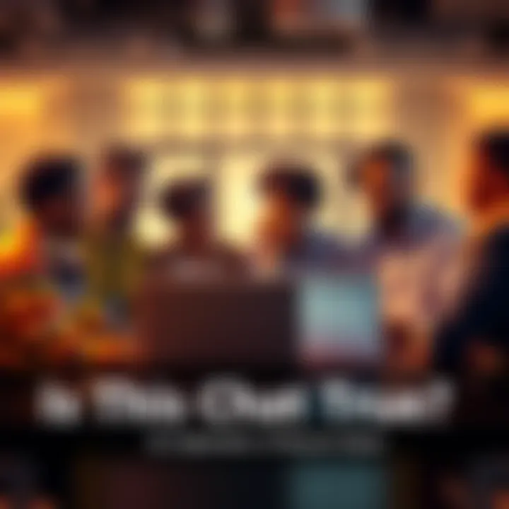 A group of diverse people sitting around a table, looking at a laptop and discussing information from chat forums, with expressions of curiosity and concern.