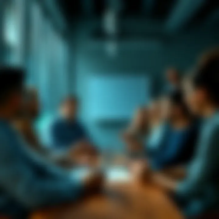 Group of people discussing ideas A diverse group of people sharing and explaining complex ideas in a casual setting