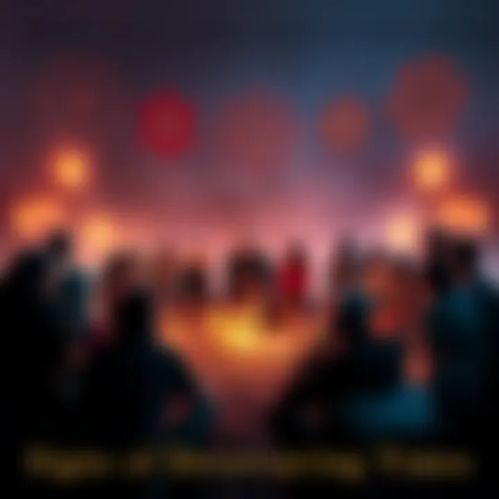 Group discussing prophecy predictions A diverse group of people gathered in a circle, passionately sharing and reciting cult prophecies amid a backdrop of candlelight and mystical symbols.