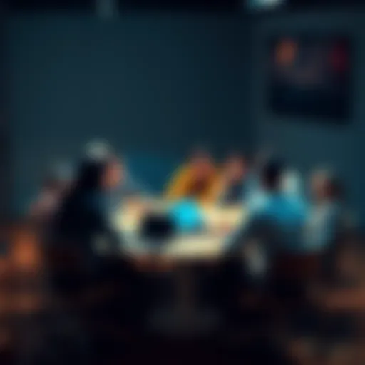 People engaged in a lively discussion around a table with notes and laptops