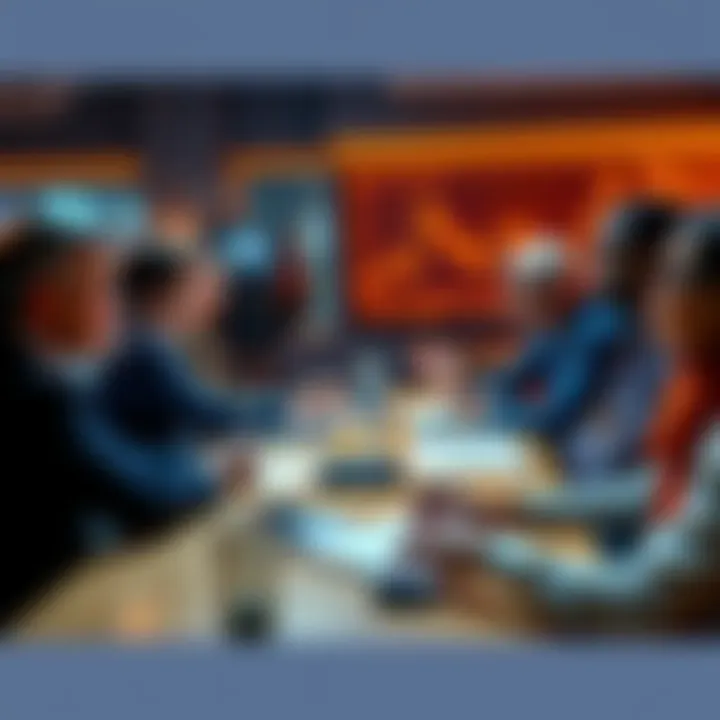 Group Discussion on Trading Ideas A group of people engaged in a lively discussion about trading ideas and current events, with notes and charts visible on the table.