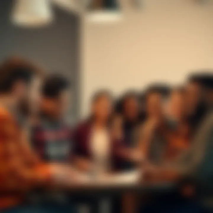 A diverse group of individuals discussing ideas and collaborating on a project, smiling and engaged in teamwork.