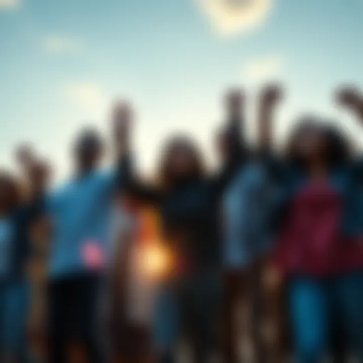 A diverse group of people holding hands in unity, smiling and looking towards the horizon, symbolizing collective action for change.