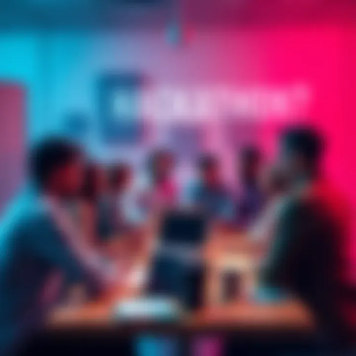 A diverse group of people gathered around a table, discussing ideas for hackathon projects focused on city innovations, with laptops and notebooks on the table.