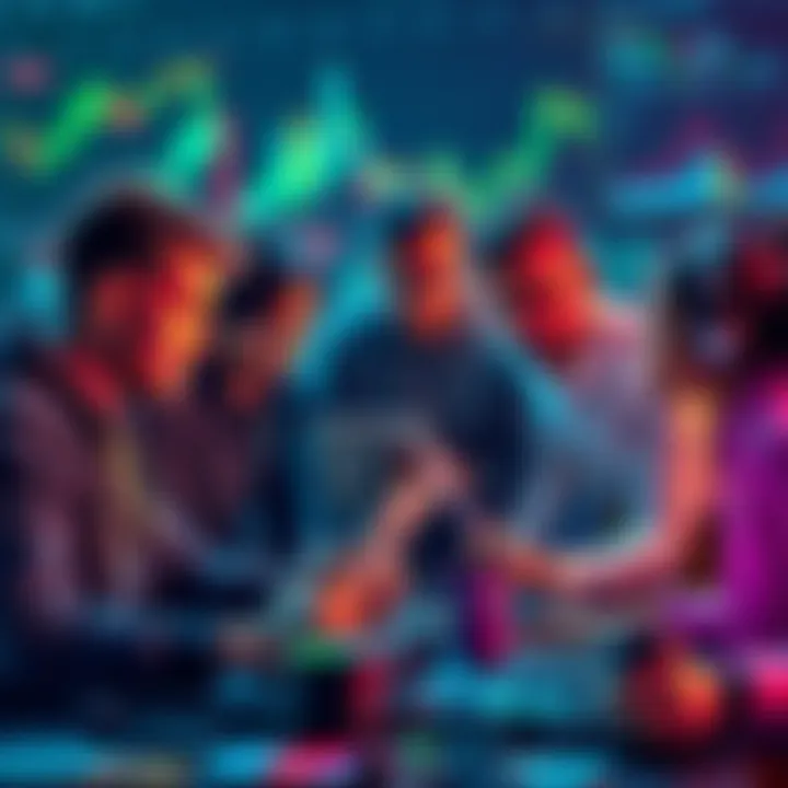 A group of diverse developers collaborating on a tech project, focusing on altcoin development and infrastructure, with charts and digital assets in the background.