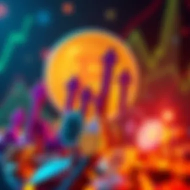 A graphic showing various cryptocurrencies with upward arrows indicating potential growth, alongside a Bitcoin symbol in the background.