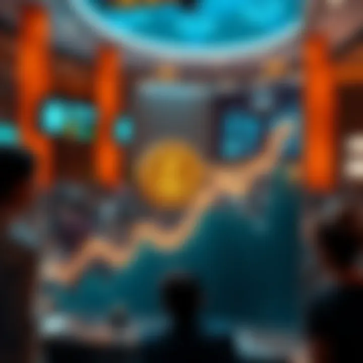 A chart showing the upward trend of Litecoin's value with a backdrop of people discussing cryptocurrency
