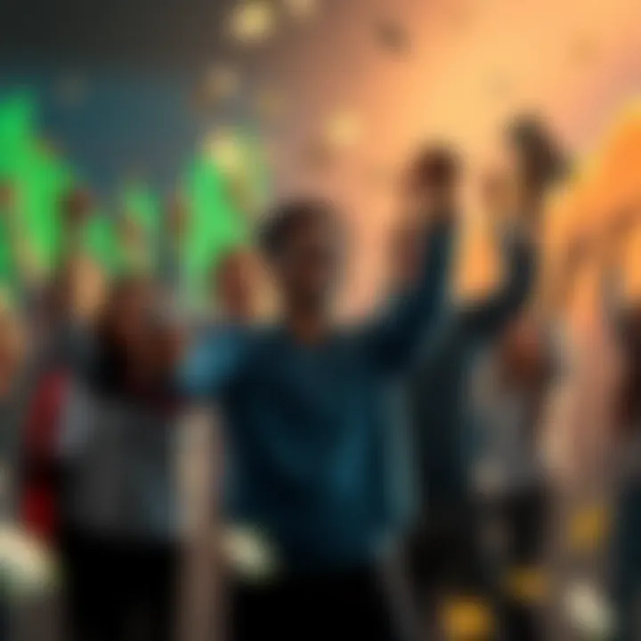 A group of diverse people celebrating financial success with cash and investment charts in the background.