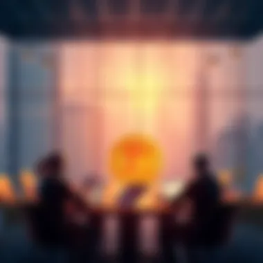 A business meeting with people discussing Bitcoin and investment strategies, symbolizing institutional interest in cryptocurrency.