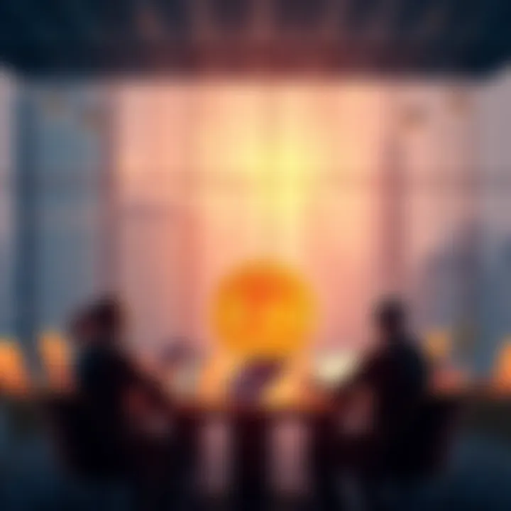 A business meeting with people discussing Bitcoin and investment strategies, symbolizing institutional interest in cryptocurrency.