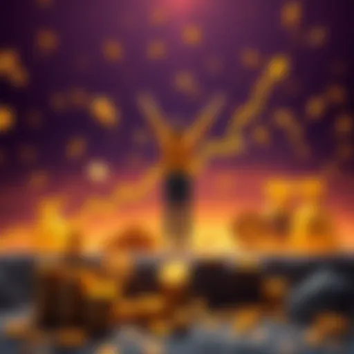 A person standing at a graph showing upward trends in earnings, celebrating their financial success, surrounded by symbols of wealth like coins and money bags.