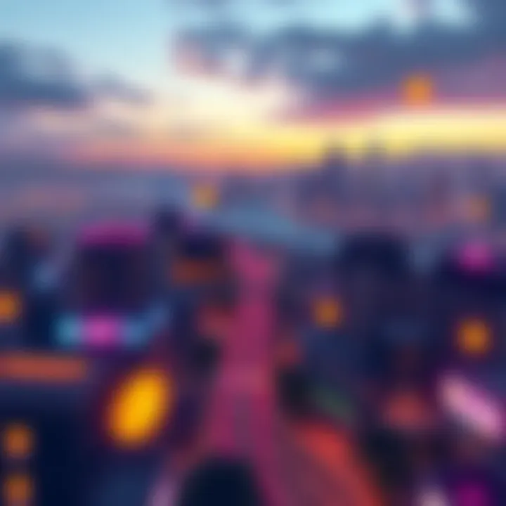 An illustration showing a digital city from GTA6 with crypto symbols and NFTs around, highlighting the integration of cryptocurrency in gaming.
