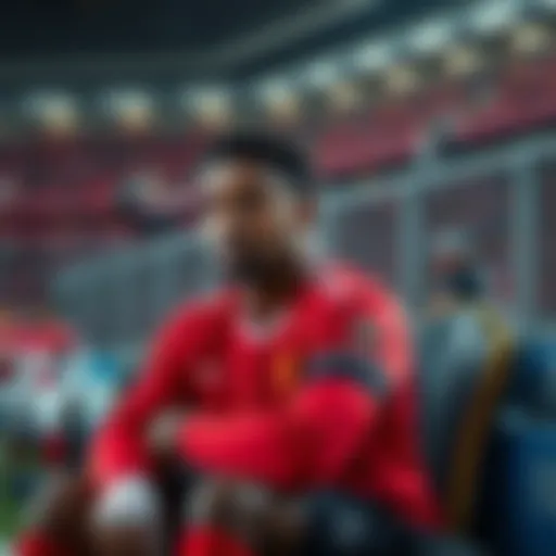 Guehi sitting on the bench, looking focused and contemplative, wearing team gear and waiting for game time.