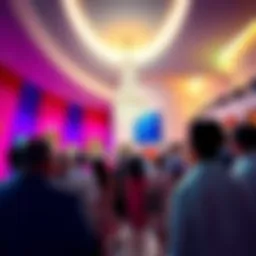 A vibrant auction scene at the Guggenheim Museum showing people bidding on art pieces