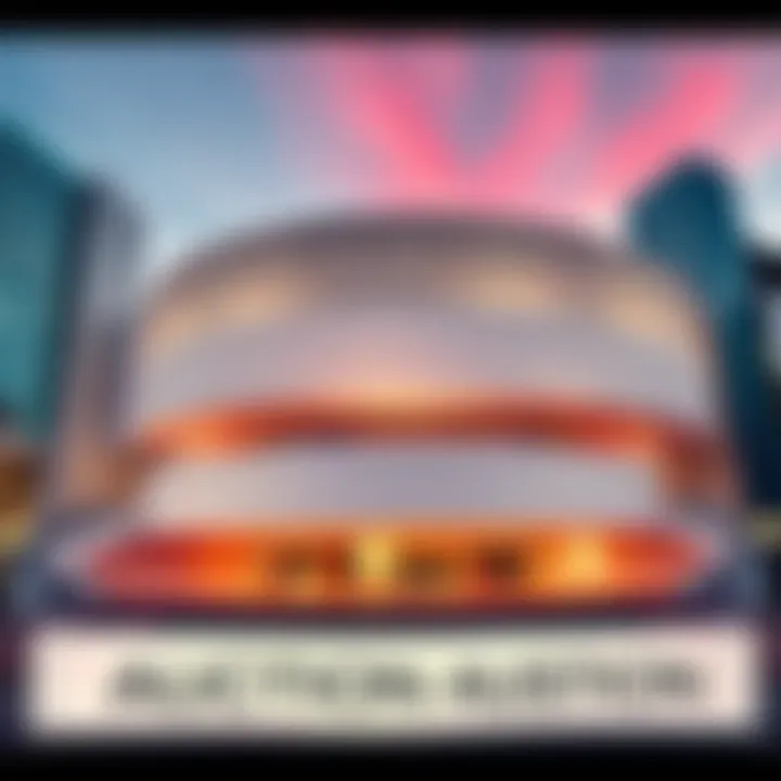 A view of the Solomon R. Guggenheim Museum, showcasing its unique architecture, with an auction banner in front.