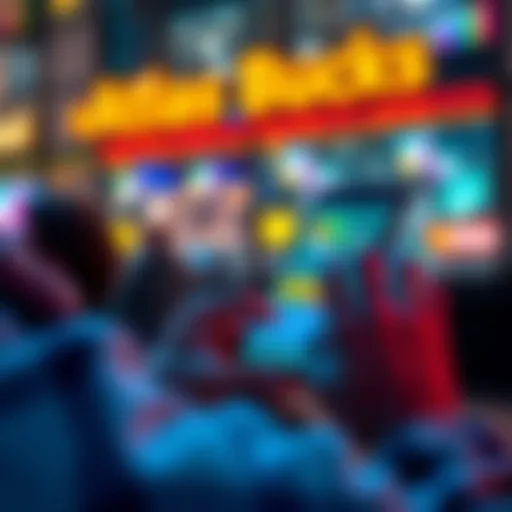 A person using a smartphone to learn about earning Atlas Bucks in the app, with colorful graphics showing Atlas Bucks and a pass option in the background.