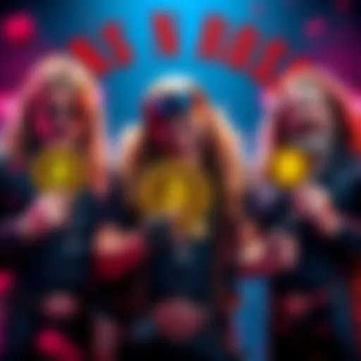 Guns N Roses band members holding cryptocurrency symbols, showing their new venture into digital money.