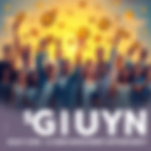 A group of diverse people holding $GUY coins, celebrating and engaging in a digital community.