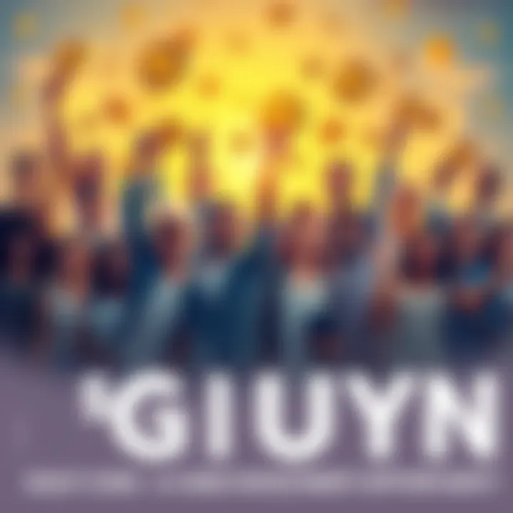 A group of diverse people holding $GUY coins, celebrating and engaging in a digital community.