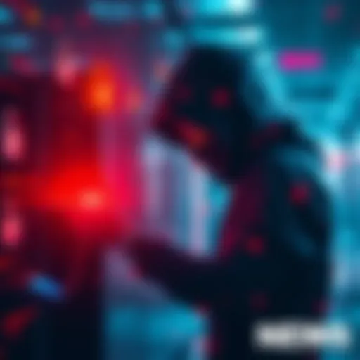 A digital representation of a hacker accessing a network with locks and code in the background.