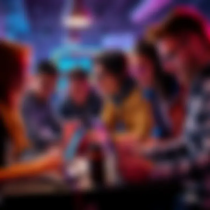 A diverse group of people working together at a hackathon, coding on laptops and brainstorming ideas