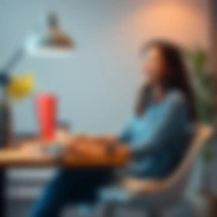 Hackathon Team Invitation A young woman sits at a desk with a laptop, looking excited as she invites people to join her hackathon team. She has a notebook and coffee beside her, with a playful atmosphere emphasizing teamwork a...