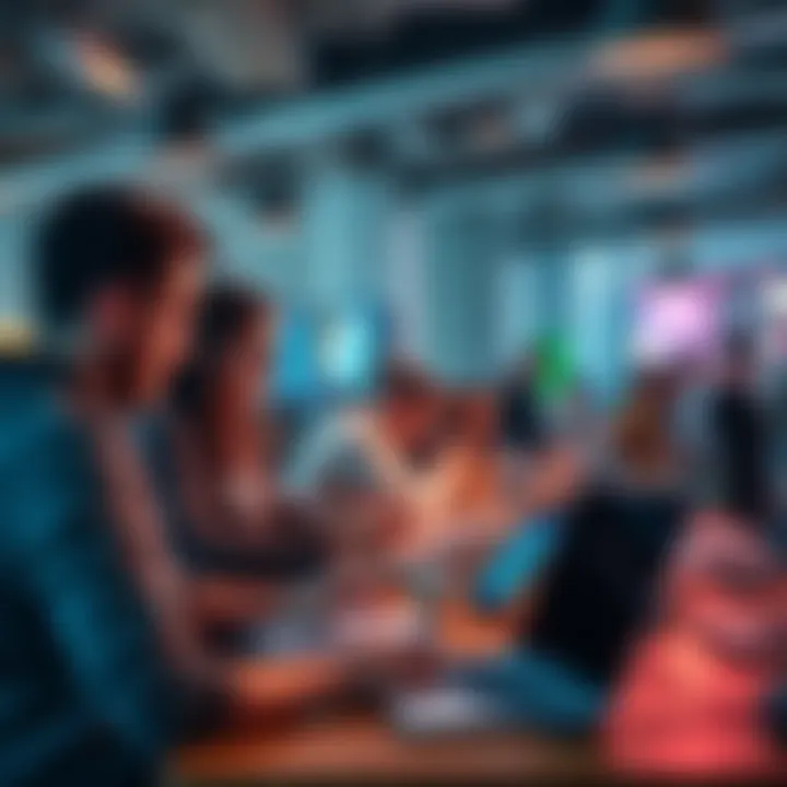 Participants working together at a hackathon, with laptops and brainstorming materials, focused on innovation.