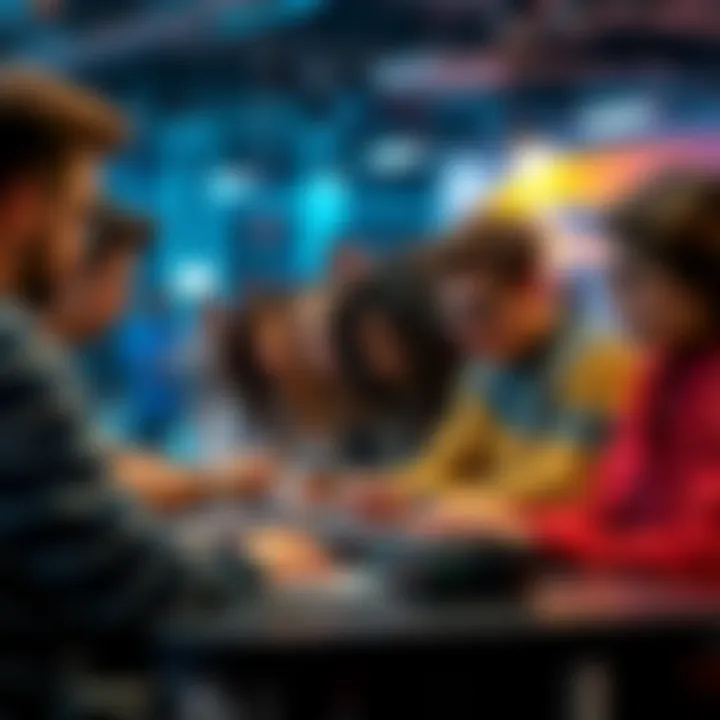 A diverse group of people collaborating on programming projects at a hackathon focused on DSA and skills development.