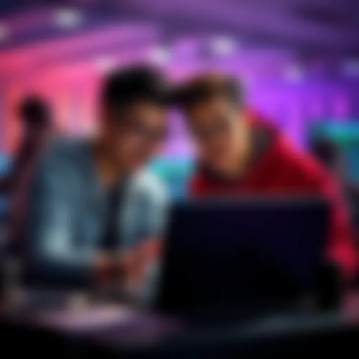 Two people discussing and brainstorming over a laptop at a hackathon focused on AI and TypeScript.