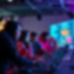 A group of people collaborating at a hackathon with laptops and coding on screens