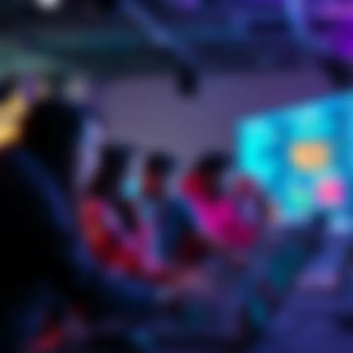 A group of people collaborating at a hackathon with laptops and coding on screens