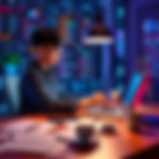 A person sitting at a desk with a laptop, brainstorming AI ideas for a hackathon, surrounded by notes and coffee