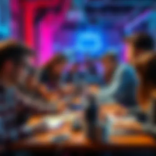 A group of people collaborating on projects at a hackathon event, with laptops and notepads around them