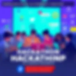 A vibrant graphic showing students collaborating on laptops with sponsors logos around them, promoting a national hackathon.