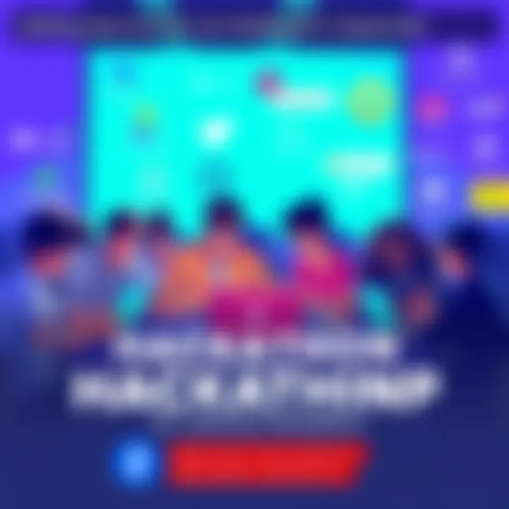 A vibrant graphic showing students collaborating on laptops with sponsors logos around them, promoting a national hackathon.